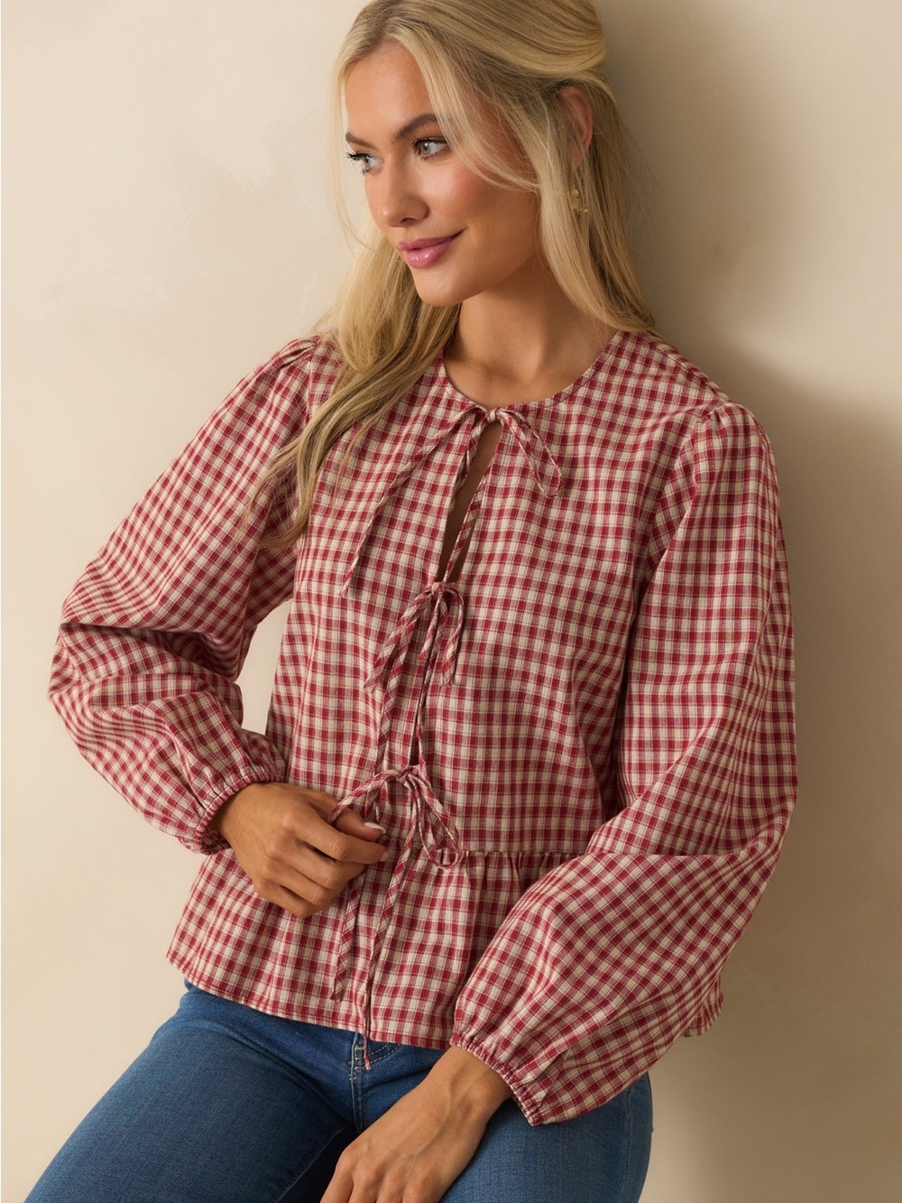 Women's Red Gingham Tie-Front Long Sleeve Peplum Blouse NWT
